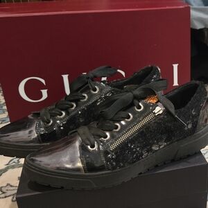 RON WHITE Black Pony Hair & Patent Lace-Up Sneakers with Side Zip